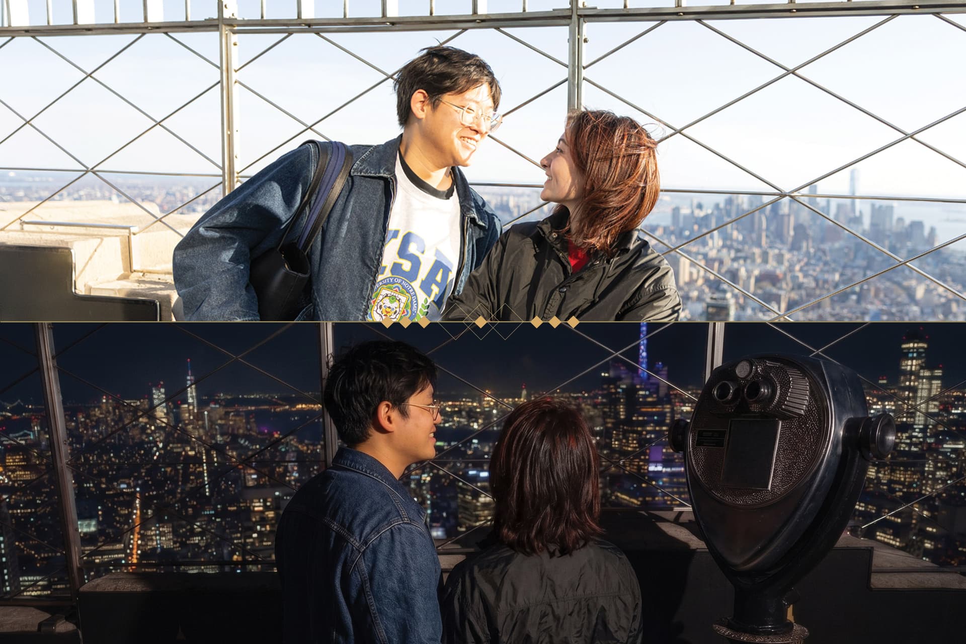 Couple enjoying both daytime and nighttime views from the Empire State Building Observation Deck